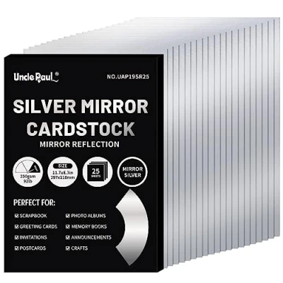Afbeelding van Uncle Paul A4 Sliver Spiegel Cardstock Papier, 25 Vellen 250gsm/92Ib Metallic Reflecterend Papier voor Ambachten DIY Projecten Verjaardag Bruiloft Decoratie Gift Wrapping UAP19SR25