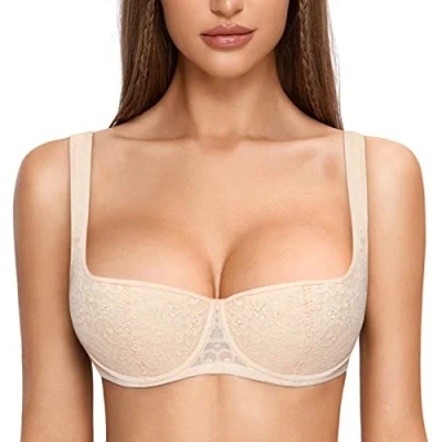 Afbeelding van DOBREVA Vrouwen Push Up BH Balconette met beugel Sexy Kantjes Grote Maten Gewatteerd Beige 75B