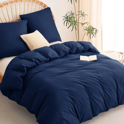 Afbeelding van WAVVE Dekbedovertrek 200 x cm met 2 kussenslopen 80 cm, beddengoedset voor tweepersoonsbed ritssluiting, dekbedovertrekset van geborstelde microvezel, donkerblauw