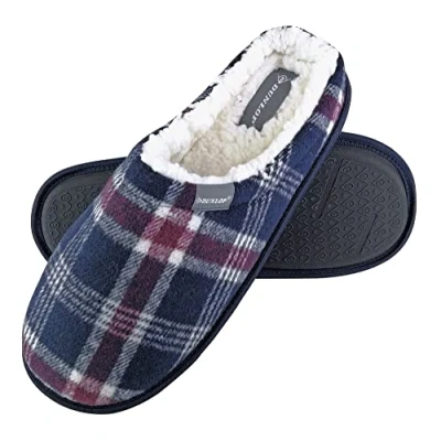 Afbeelding van DUNLOP Heren warme pluche fleece gevoerde slip on muilezel geruite huispantoffels, marineblauw, 42.5 EU