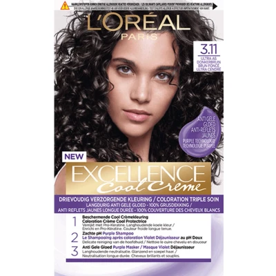 Afbeelding van 2x L&#039;Oréal Excellence Cool Crème Permanente Crèmekleuring 3.11 Ultra As Donkerbruin