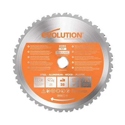 Afbeelding van Evolution Power Tools R255TCT zaagblad met 28 tanden en een uiteinde van carbide voor meerdere materialen zaagt hout, metaal, kunststof meer, 255 mm