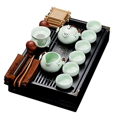Afbeelding van fanquare Chinese Keramische Kung Fu Theeset met Theeblad en Kleine Thee Gereedschappen, Porselein Servies, Lichtgroen