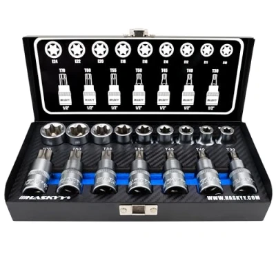 Afbeelding van Haskyy Professionele 16 delige schroevendraaierbitset Torx, moerset bit doppen, T30 T70 55 mm lang, E10 E20 39 blauw