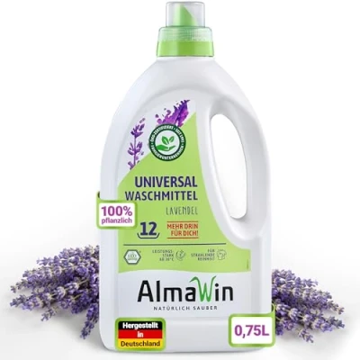 Afbeelding van AlmaWin Vloeibaar wasmiddel 750 ml fles, krachtig en milieuvriendelijk wasmiddel, voldoende voor ca. 11 wasbeurten, vrij van synthetische geur kleurstoffen, veganistisch