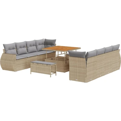 Afbeelding van vidaXL 11 delig tuinbankenset met kussens beige poly rattan acacia, 3 tuin eet set acacia