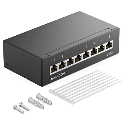 Afbeelding van deleyCON CAT 6 Patchpaneel 8 Poorten 1U Desktop &amp; Wandmontage Afgeschermd 8x RJ45 Bus LAN Netwerk Installatiekabel TIA568A TIA568B RAL 9005 Zwart