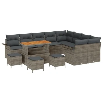 Afbeelding van vidaXL 13 delige Tuin Sofa Set met Kussens Grijs Poly Rattan Acacia, 2 zits Opslag &amp; Rattan, 4 Eetset Acacia