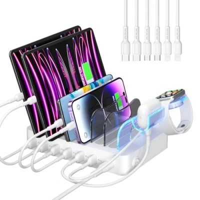 Afbeelding van SooPii USB oplaadstation organizer voor meerdere apparaten, 6 poorten 50W met kabels en verbeterde i Watch oplader houder inbegrepen, telefoons, tablets andere elektronica, wit