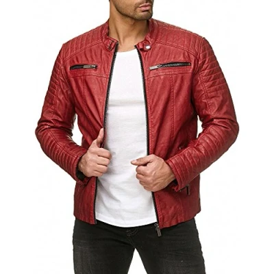 Afbeelding van Redbridge Herenjas, overgangsjas, bikerjack, vrijetijdsjas, gewatteerd, rood kunstleer, 3XL