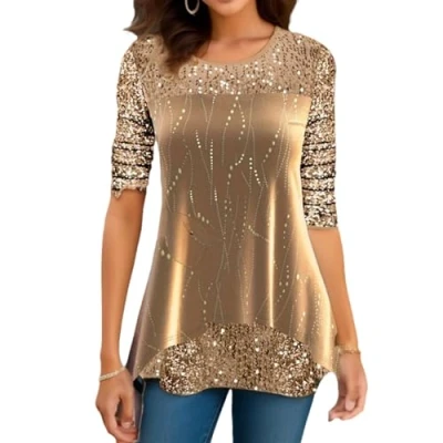 Afbeelding van elegante feestelijke tops damesblouses dames blouses, oudejaarsavondoutfit (Color : Yellow, Size XXL)