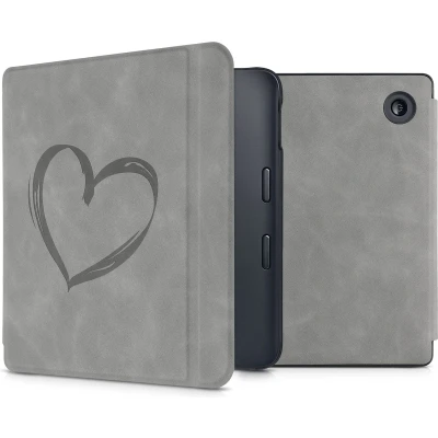 Afbeelding van kwmobile e reader hoesje compatibel met Kobo Libra 2 Kunstleren ereader cover stand Brushed Hart in grijs
