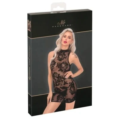 Afbeelding van Sexy Transparant Mini Jurkje Met Zachte Flockprint Zwart Noir Handmade