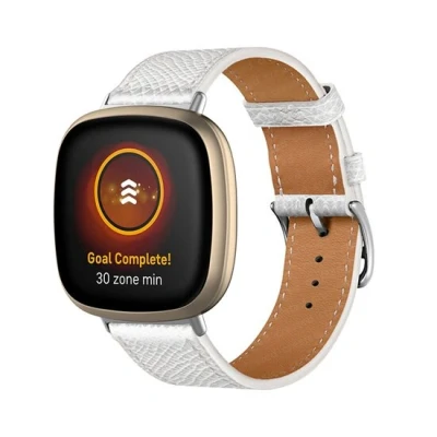 Afbeelding van Fitbit Versa 3/4 &amp; Sense 1/2 leren bandje Wit Roestvrijstale gespsluiting