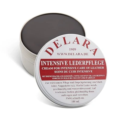 Afbeelding van DELARA Intensieve leerverzorging, bruin, 100 ml impregneert en beschermt leer zeer effectief. Nieuwe formule met hoogwaardige kokosolie bijenwas Made in Germany