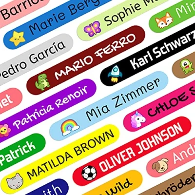 Afbeelding van Naamstickers voor kinderen school (50 stuks) Gepersonaliseerde stickers met naam pennen en potloden. Gekleurde etiketten waterdicht. Afmetingen 4,6 x 0,6 cm