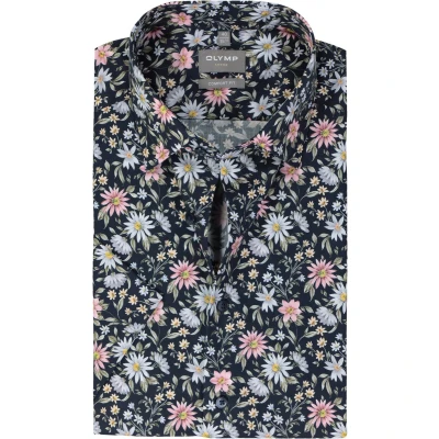 Afbeelding van OLYMP comfort fit overhemd korte mouw popeline marine blauw dessin Strijkvrij Boordmaat: 46