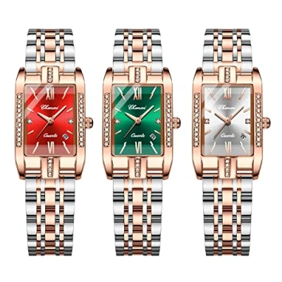 Afbeelding van JewelryWe Vrouwen Horloges Vierkante Strass Analoge Quartz Kalender Horloge Roestvrij Staal Business Casual Horloge, 3 stuks, Japans