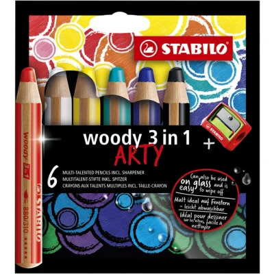 Afbeelding van Kleurpotloden STABILO 880 woody 3 in 1 Arty inclusief puntenslijper assorti etui à 6 stuks