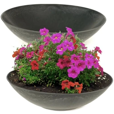 Afbeelding van Matches21 Weerbestendige plantenschalen, 45 cm, voor buiten, 2 grote decoratieve schalen, zwart gemarmerd als bloemenschalen, platte tuinschalen bloemen, bonsai of begraafplaats, grafsieraden