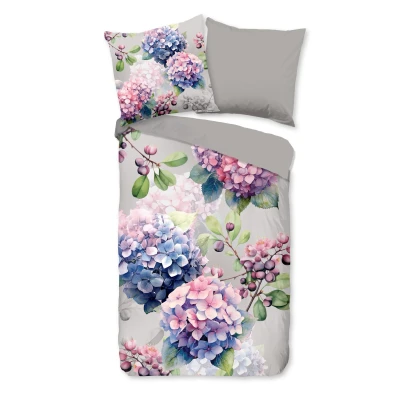 Afbeelding van Dekbedovertrek 200x200 cm Hortensia Bloemen Print Grijs 2 Persoons 100% Katoen Oeko Tex Gecertificeerd