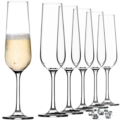 Afbeelding van KADAX champagneglazen, set van 6, 200 ml, champagneglas voor thuis, feest, bruiloft, moderne comfortabele champagneglazen met hoge en strakke steel, transparant