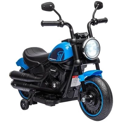 Afbeelding van HOMCOM kindermotorfiets kinder elektrische motorfiets elektrisch voertuig kindervoertuig met 2 afneembare zijwieltjes, 1,5 3 km/u, voor kinderen van jaar oud, blauw, afmetingen 76 x 42 57 cm.