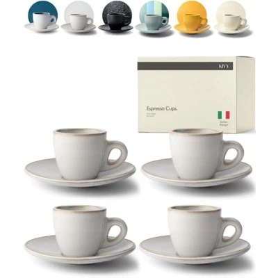 Afbeelding van KIVY Espressokopjes, set van 4 x 75 ml, handgemaakt dikwandig aardewerk, espressokopjes met schotel, Italiaans