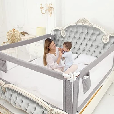 Afbeelding van ZEHNHASE Bedhek, kinderbedhek voor verticaal heffen, veiligheidsbescherming, bedhek ter bescherming tegen vallen peuters, baby&#039;s en kinderen (grijs, 200 cm, 1 kant)