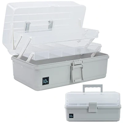 Afbeelding van Creahaus 33 cm 3 laags multifunctionele opbergdoos, ambachtelijke opbergdoos met compartimenten, plastic gereedschapskist, medicijnopbergdoos, haaraccessoires organizer, naaidoos 2 trays (grijs)