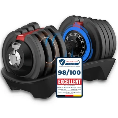 Afbeelding van DH FitLife Verstelbare halter 1,5 tot 18 kg met opbergbasis voor krachttraining dames en heren, halterset gewichtsplaten, ruimtebesparend training, variabel gewicht 12 in 1