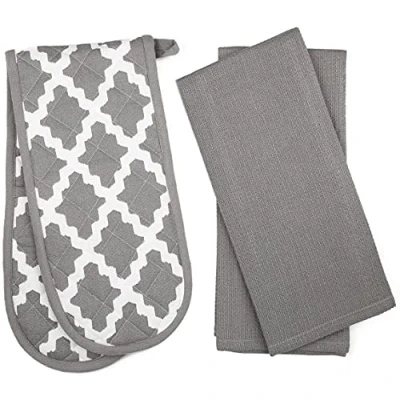 Afbeelding van Penguin Home Katoen Oven Handschoen &amp; Theedoek 3 Delig Set, Diamond Grijs