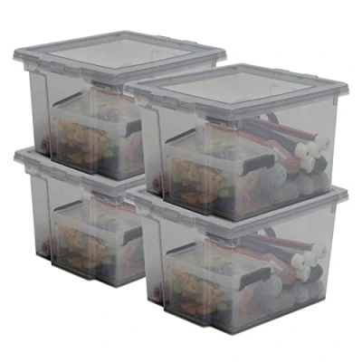 Afbeelding van Iris Ohyama, Plastic opbergdozen met gebogen deksel en clips, 10L, Set van 4, Nestbaar, Stapelbaar, BPA vrij, Slaapkamer, Kantoor, Woonkamer, DDUSB S, grijs