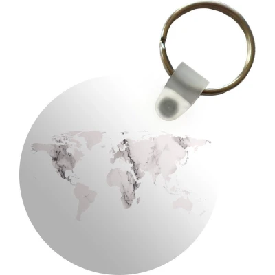 Afbeelding van Sleutelhanger Wereldkaart Wit Marmer print Plastic Rond Uitdeelcadeautjes