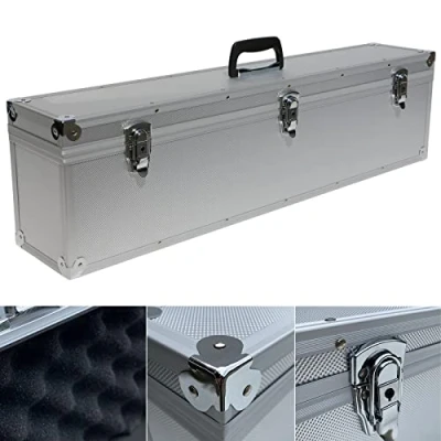 Afbeelding van aluminium koffer zilver kubusschuim deksel afneembaar 83 cm lange transportbox