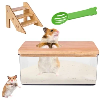 Afbeelding van Nizirioo Transparante zandbadkamer voor hamsters, zandbadbox met ladder en natuurlijke houten afdekking schep, hamsterbadbox, huisdier, hamster, badkamer, hamsters (vierkant)