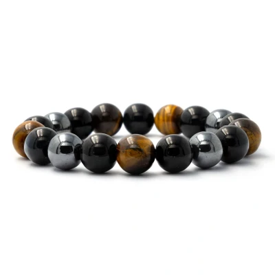 Afbeelding van Bixorp Gems Tijgeroog + Hematiet Onyx Edelstenen Armband Gepolijste Edelsteen Kralenarmband 12mm / 22cm
