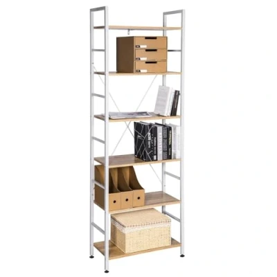 Afbeelding van WOLTU 6 Tier Metalen opbergplank Staande plank 60x28x180cm,Ladderplank Bibliotheken Wit+lichteiken,RGB9307whe