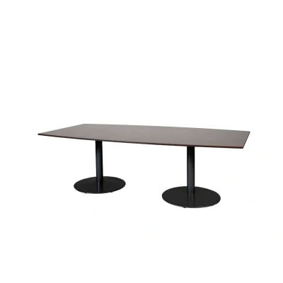 Afbeelding van Linesto 240x120cm tonvormige vergadertafel op vaste hoogte (74cm) met logan eiken 25mm blad en zwarte (RAL9005) trompetvoeten