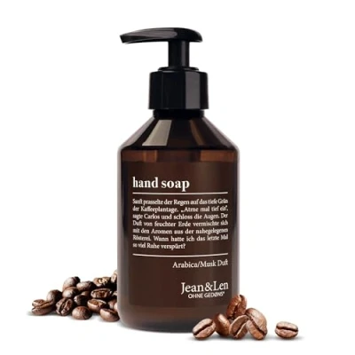 Afbeelding van Jean &amp; Len handzeep Arabica Musk, reinigt gestreste handen, geschikt voor dagelijks gebruik, vloeibare zeep in pompdispenser, aromatische geur, veganistisch, 250 ml