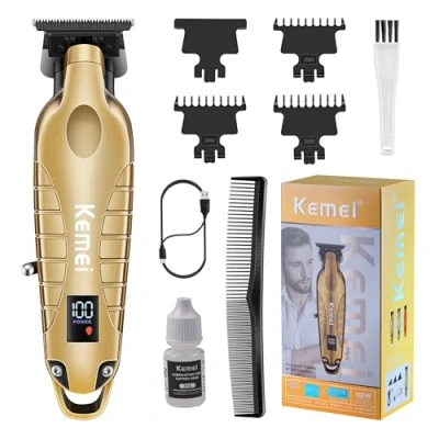 Afbeelding van KEMEI 2293 Professionele haar /baardtrimmer voor mannen, Zero Gapped tondeuse kappers met T mes, snoerloos, oplaadbaar, goudkleurig