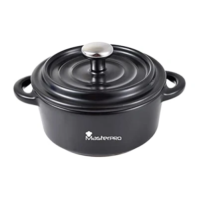 Afbeelding van MasterPro Cook &amp; Share Mini Round Peach with Lid 32.5 x 10 4.5/6.5 cm, Ideal for Sharing, Made in Stoneware Black Enamelled Interior and Exterior, Dishwasher Oven Safe