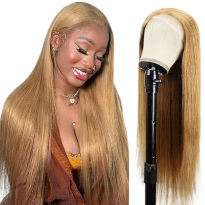 Afbeelding van Tuheerst Blonde Human Hair Wig Straight 4X4 Lace Real Glueless Wear and Go Unprocessed Remy Pre Bleached Knots Plucked with Baby for Woman 22 Inch