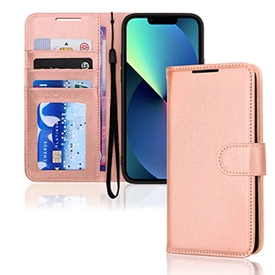 Afbeelding van TECHGEAR iPhone 13 Mini lederen portemonneehoesje, flip beschermhoes met portemonnee kaarthouder, standaard en polsband Roségoud PU leer magnetische sluiting, ontworpen voor 5,4