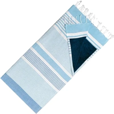 Afbeelding van Hamamdoek Dubbelzijdige Kikoydoek &amp; Badstof Trendy Hammamdoek 100% Katoen 95 x 175 cm Hemelsblauw blauw