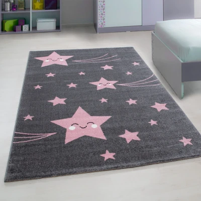 Afbeelding van Kids Sterren Vloerkleed Kinderkamer Roze / Grijs Laagpolig 160x230 cm