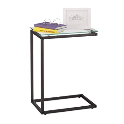 Afbeelding van Relaxdays bijzettafel u vorm, glazen tafelblad, metaal, Bauhaus stijl, salontafel HxBxD: 61 x 30 45 cm, zwart