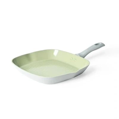 Afbeelding van Salter BW09287 Earth Griddle Grill Pan Non Stick Cookware, 28cm, Strong Titanium Based Ceramic Coating, For All Hob Types Including Induction, Soft Touch Handle, Easy Clean Forged Aluminium Grey/Green