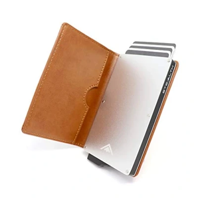 Afbeelding van STEALTH Wallet Slanke Lichtgewicht Minimalistische Kaarthouder Portemonnee Compacte RFID/NFC Blokkerende Pop up Portemonnees Kaarthouders met Geschenkdoos (Zilver Aluminium Bruin Leer)