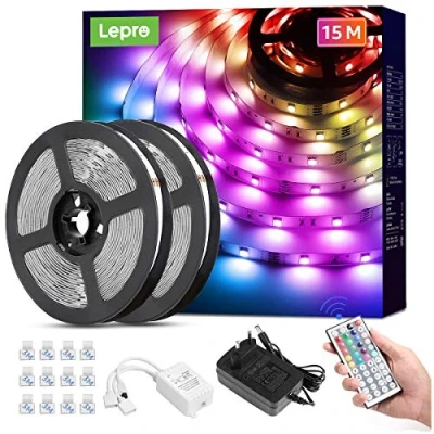 Afbeelding van Lepro Ledstrip 15 m (2 x 7,5 m) RGB set, 5050 SMD 450 leds, 12 V, zelfklevende ledstrip, flexibele led lichtstrip, lichtketting IP20, strip, ketting, dimbaar, voeding en controller inbegrepen